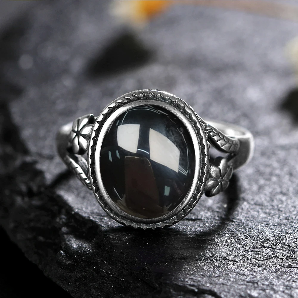 925 Sterling Silver Ring Natural Black Agate Ring Oval Round Retro Jewelry for Women men Gift Sun Shaped Vintage Ring