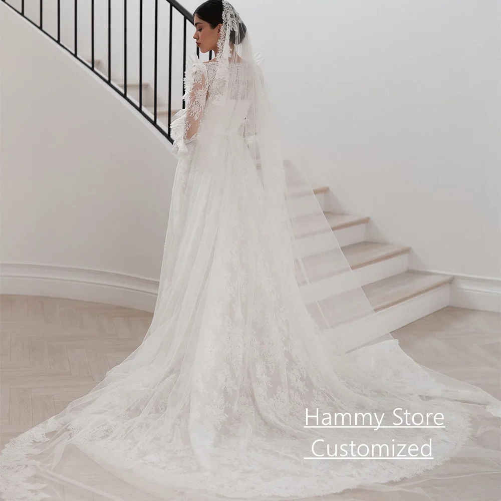فستان زفاف دانتيل رائع فساتين العروس العربية مخصصة بأكمام طويلة ذيل محكمة رداء De Mariage فساتين الزفاف