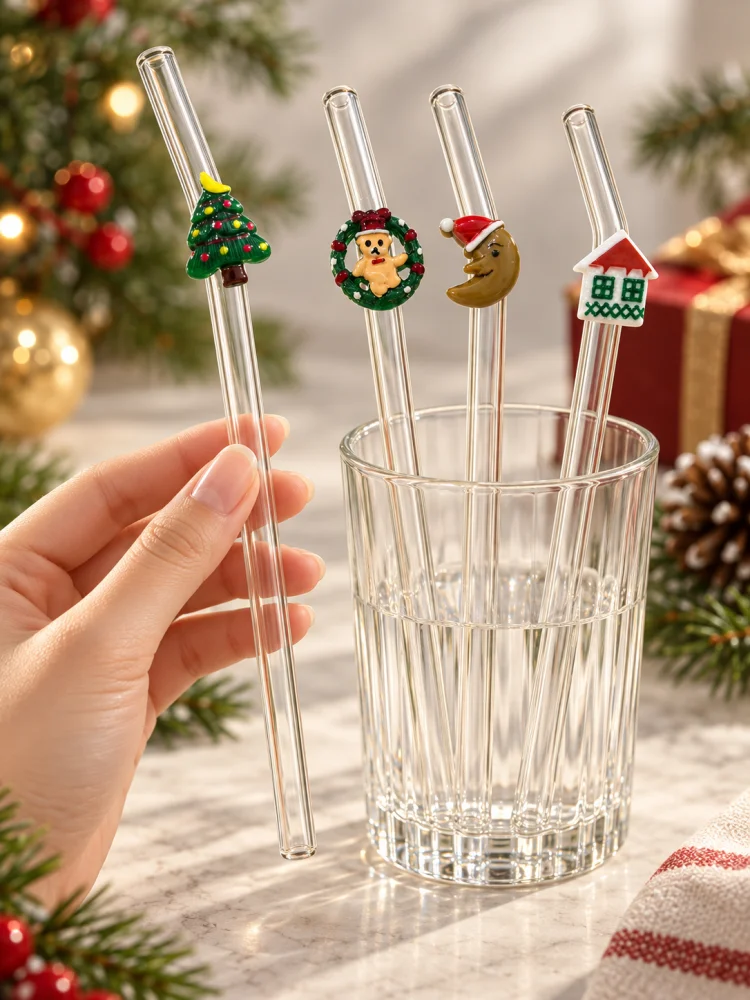 4PCS Christmas Tree Wreath Moon House Glass Straws Bend Reusable Clear Drinking Straws Coffee Juice Party Gift Xmas