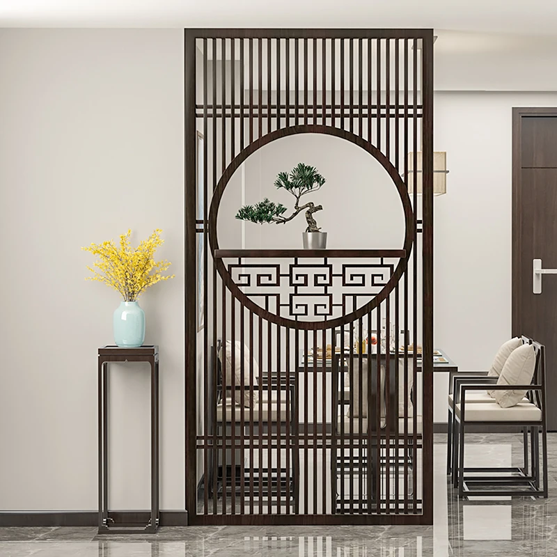 Custom screen partition living room porch new Chinese solid wood walnut wood lattice hollowed-out door