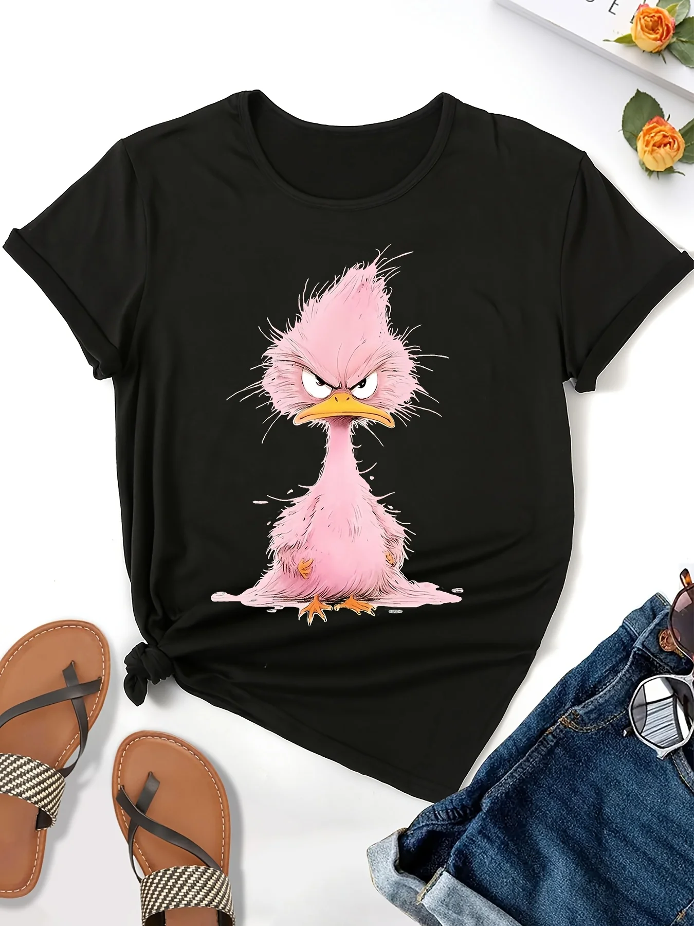 여성용 카툰 버디 프린트 티셔츠 소프트 핑크 & 화이트 크루 넥 슬리브 여름 반팔 하라주쿠 streetwear 탑 티셔츠