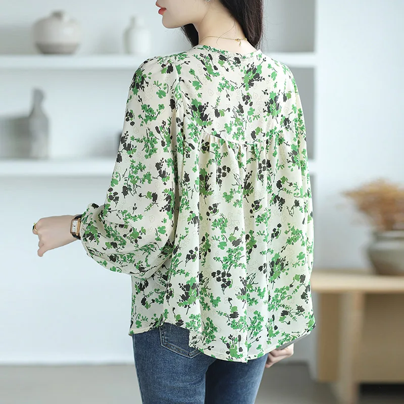 Autumn New Chic Print Long Sleeve Chiffon Shirt Women Clothing Casual Loose O-neck Button Blouses All-match Elegant Sweet Tops