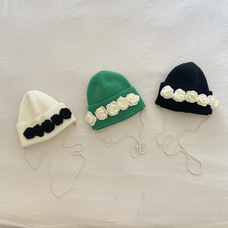 Franse Retro Kinderen Wol Hoed Chic Drie-Dimensionale Camellia Parel Hanger Beanie Hoed Koele Jongen Meisje Trui Cap