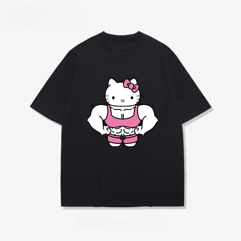 أسود جلد العضلات مرحبا كيتي الكرتون المطبوعة القطن قصير الأكمام تي شيرت زهرة السيدات زائد حجم فضفاض عارضة تنوعا أعلى