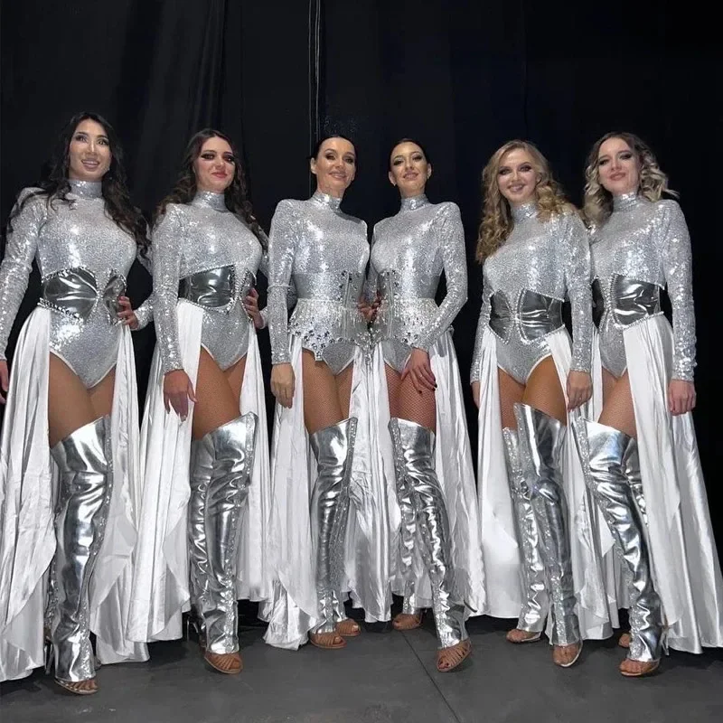 여성 스팽글 바디 슈트 파티 바 나이트 클럽 실버 공연 의상 가수 팀 무대 착용 스커트 레이저 다리 커버 댄스 복장