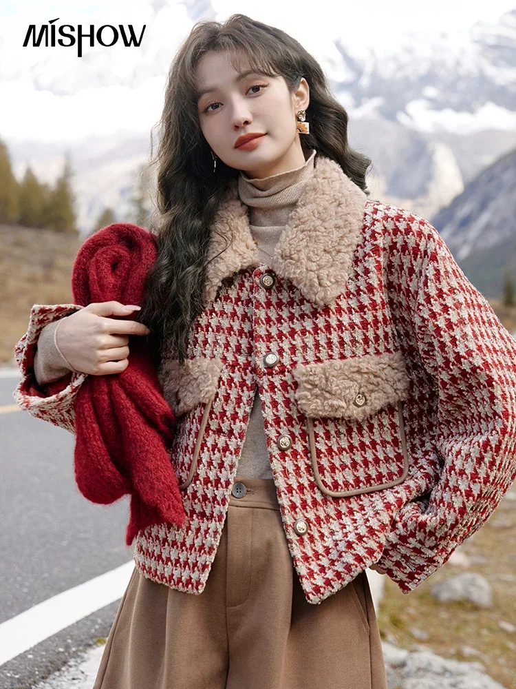 MISHOW Houndstooth Tweed Crop Jacket for Women 2023 Winter Lapel Patchwork Office Lady Short Coats Korean Outerwears MXC54W0136