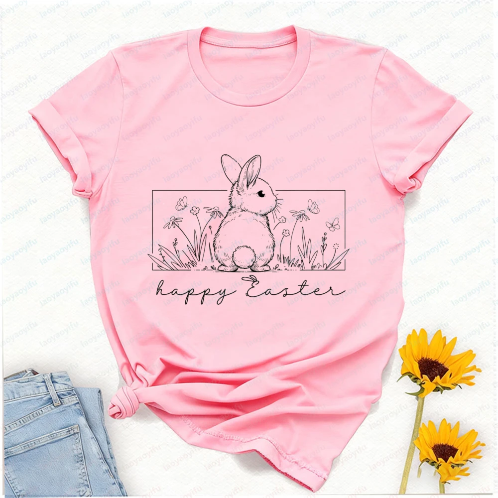 

Happy Easter Floral Bunny Spring Flowers Graphic T Shirts Y2k Clothes Shirts for Women Harajuku High Quality Cotton Casual Tops