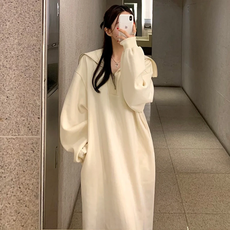 South korea Chic Autumn and Winter Gentle Idle Sle Sailor Collar Loose Casual Long sleeve Hoodie Dress Midi dress Women