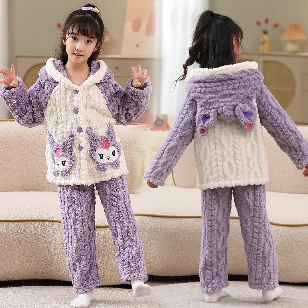 

Cute 2Pcs Cinnamoroll Kuromi Children's Flannel Pajama Animesanrios Melody Autumn Winter Girl Warm Thicken Loungewear Homewear