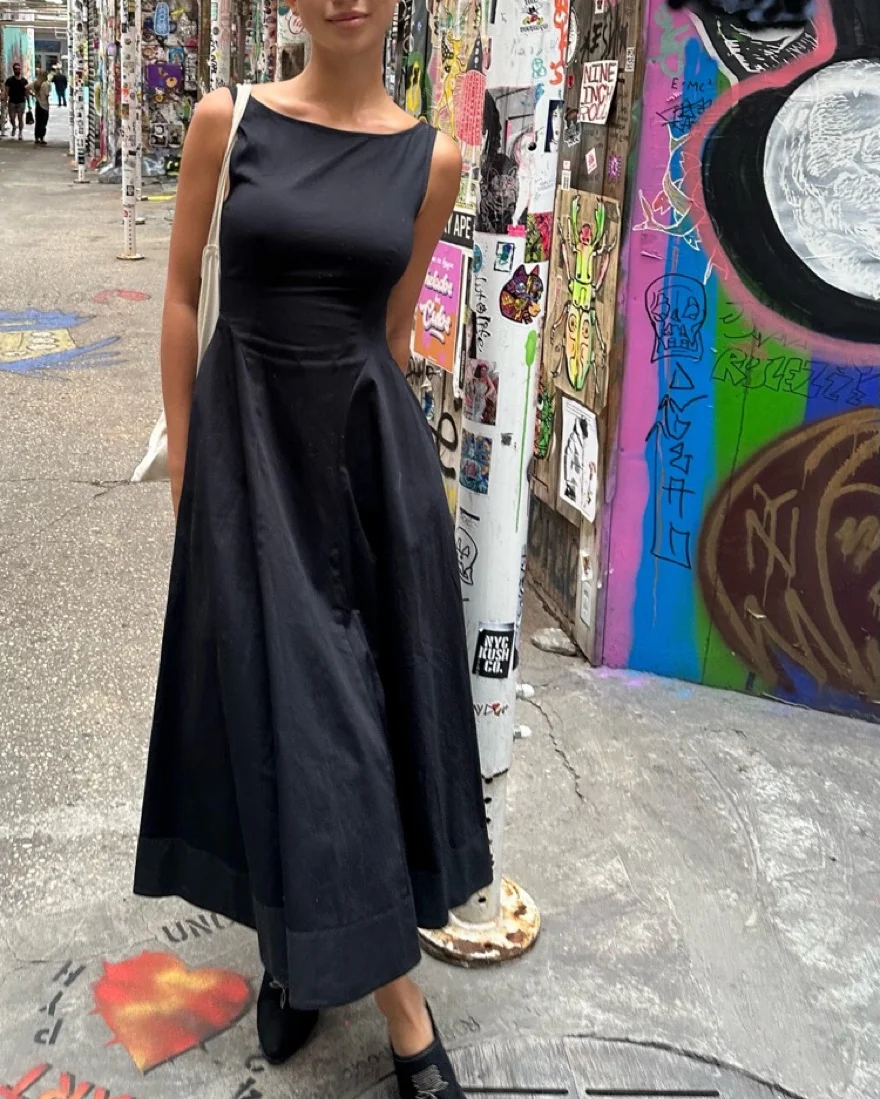 

Women Pure Color Midi Dress Round Neck Sleeveless High Waist A-Line Holiday Ladies Robe