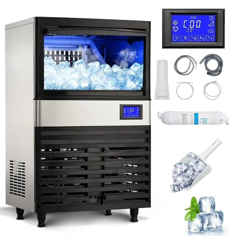 【Best-selling】Commercial Automatic Ice Maker 110LBS/24H Fast Production Stainless Steel Ice Machine With 30LBS Bin