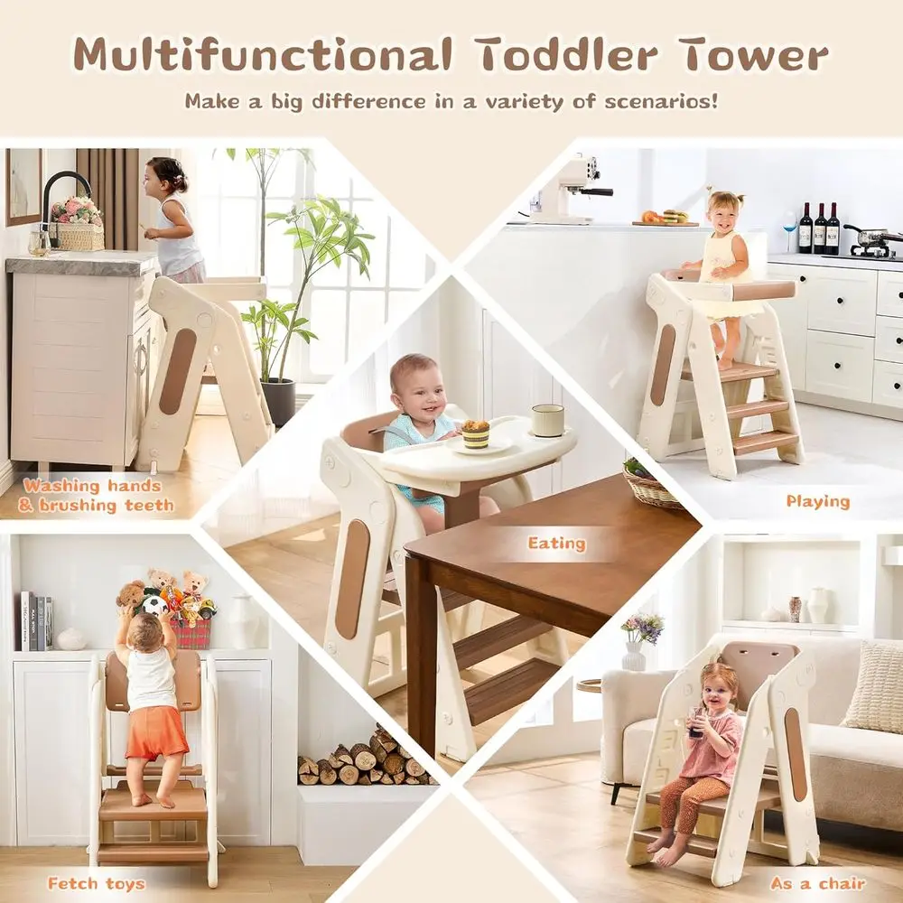 Adjustable Height Toddler Step Stool with Safety Rail and Removable Tray, Multifunctional Folding Kitchen & Bathroom Helper (Kha