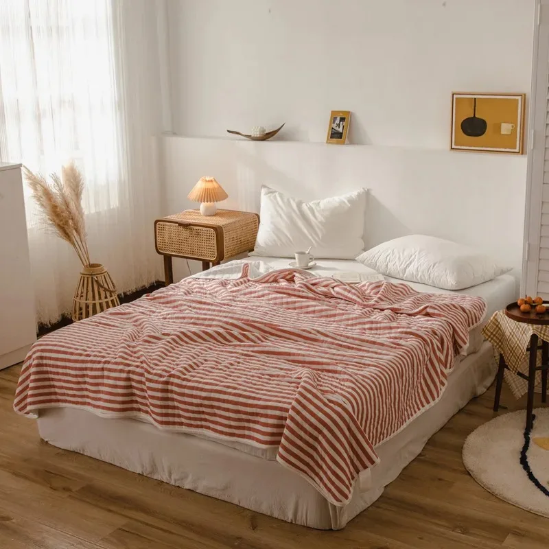 

Four season thin blanket 100% pure cotton striped knitted comfortable washable bed blanket suitable for adults and children