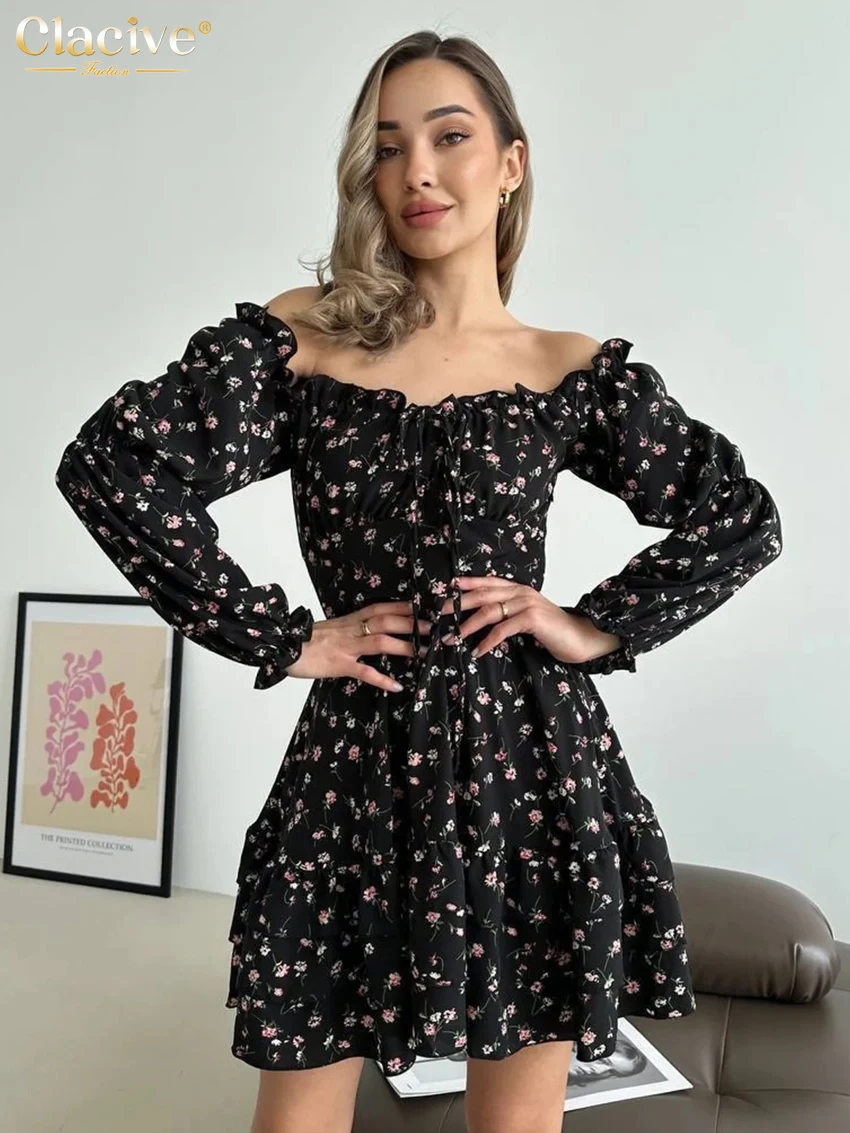 

Clacive Fashion Loose Print Women's Dress 2025 Sexy Slash Neck Long Sleeve Mini Dresses Elegant Classic Pleated Female Dress