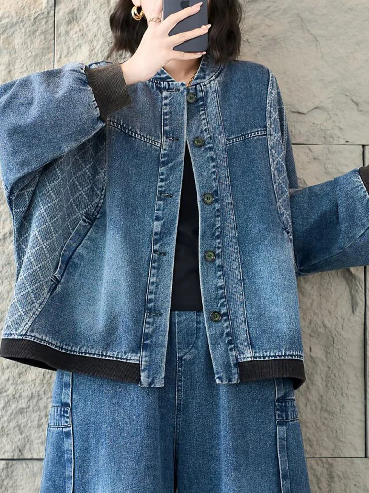Amax LuluE 2026 Spring Korean Punk Denim Jackets Ladies Vintage Oversized Fashion Coats Womens Classic Leisure Plaid Outerwear