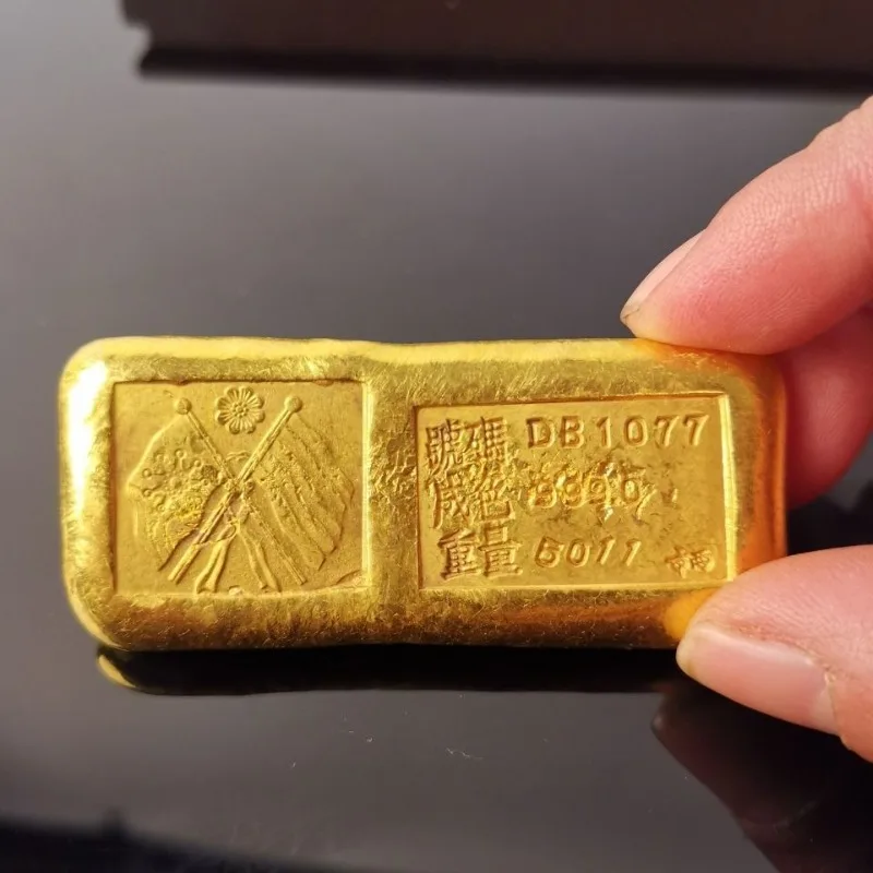 Antique Solid Brass Gilt Flag‑Pattern Imitation Gold Bar Ingot Craft Ornament Vintage‑Style Metal Replica Figurine