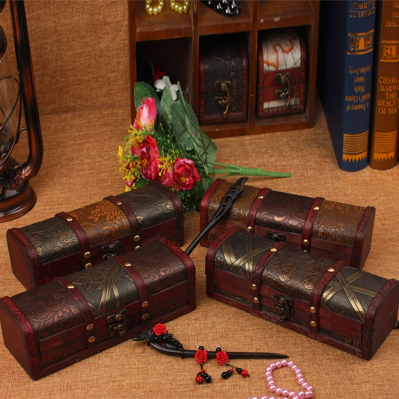 

Retro Wooden Jewelry Box Antique Lockable Storage Treasure Chest Medieval Vintage Necklaces Hairpin Organizer Gift Box