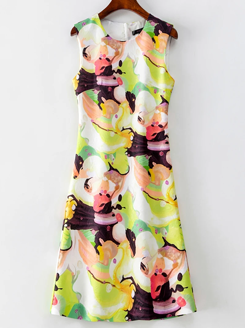 

Женское платье трапециевидной формы с цветочным принтом и круглым вырезом