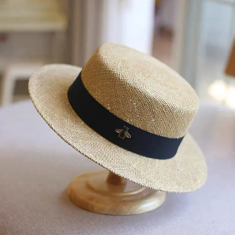 Fashion Raffia And Straw Two Layer Splicing Sunscreen Straw Hat Spring Summer British Flat Top Panama Sunshade Bee Beach Hat