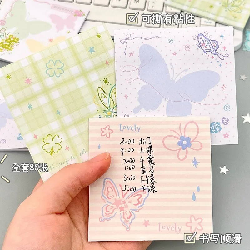 4 Packs of 80 Pages Ins Macaron Butterfly Notes Floral Plaid Butterfly Square Sticky Notes Student Hand Account  Message Sticker