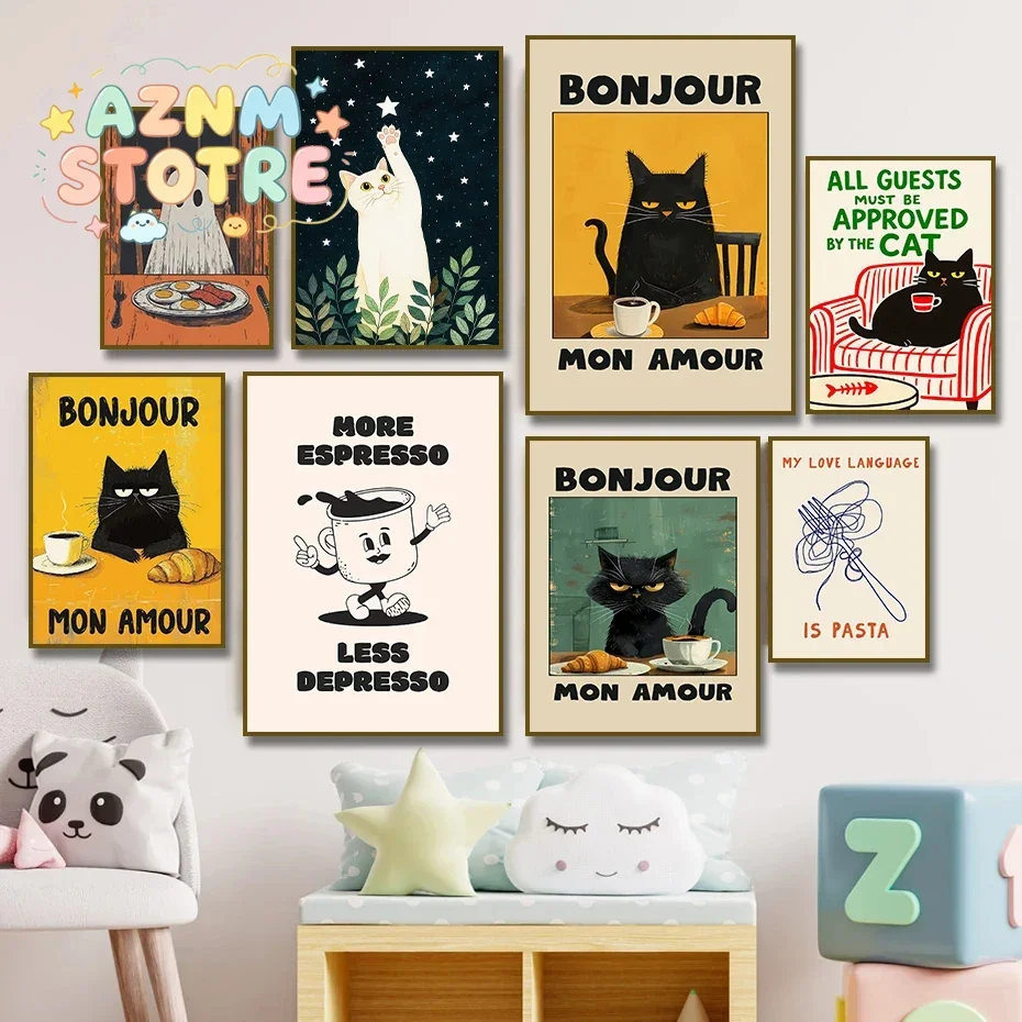 1pc framless Canvas Painting Bonjour Mon Amour Black Cat More Spaghetti, Less Upsetti Poster Food Kitchen Canvas Painting Pri