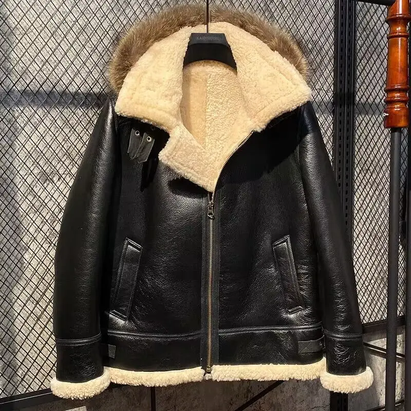 Winter Outerwear for Man Genuine Sheepskin Leather Coat Shearling Wool Jacket for Male Real Fox Fur Raccoon Hooded 6XL 7XL 8XL