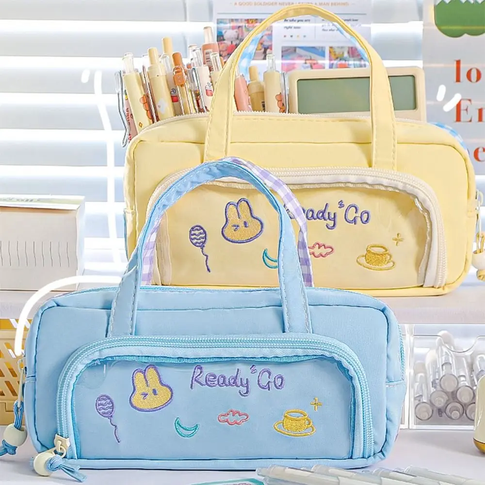 Creative Cartoon Pencil Case Embroidery Portable Pen Organizer Pouch Multi-layer Double Sided Pattern Multi-layer Stationery Bag