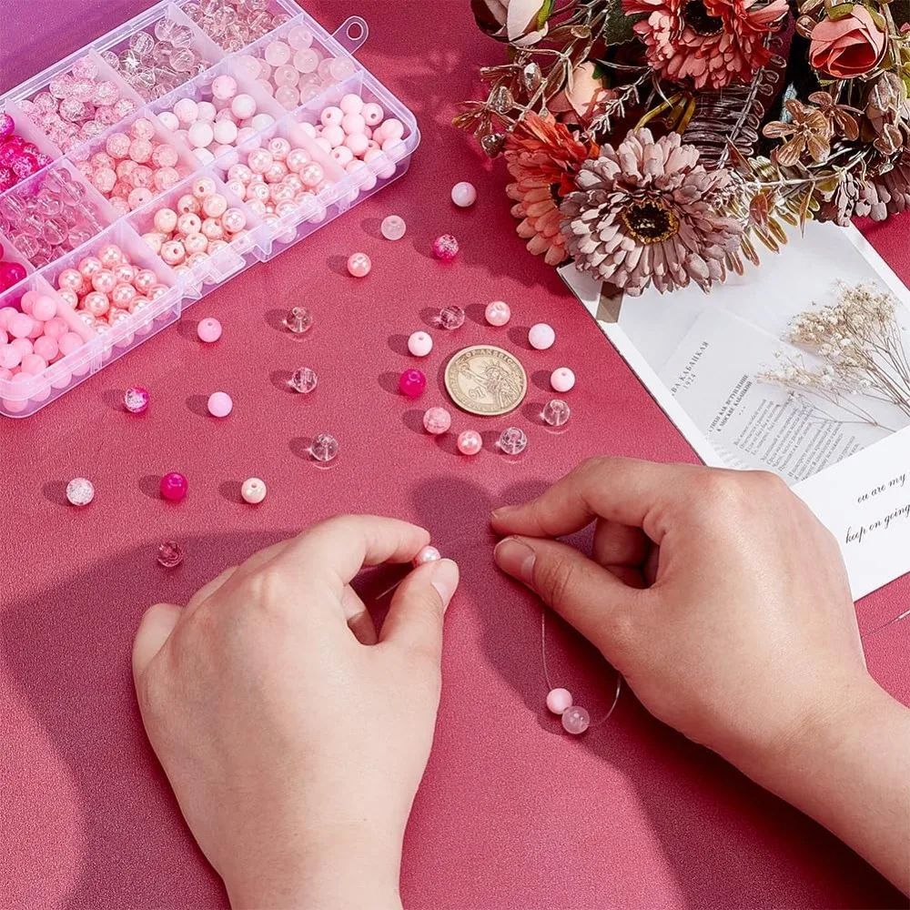 450 قطعة 8 مللي متر الخرز الزجاجي الوردي 15 أنماط الخرز المفرقعة الخبز رسمت حبة الاكريليك فضفاض الخرز الفواصل لصداقة بوهو