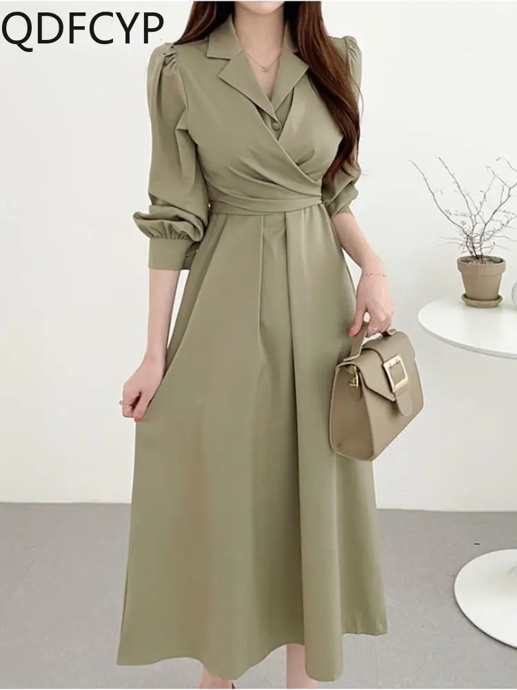 

Spring Summer 2023 Women's Dresses Office Lady Suit Slim A-line High Waist Lace-up Pleated Mid-calf Bubble Sleeve Shirt Dress