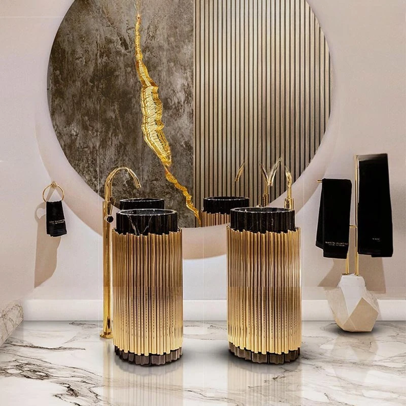 

Light luxury column-type wash basin marble bathroom villa modern high-end art stainless steel floor-to-ceiling washstand