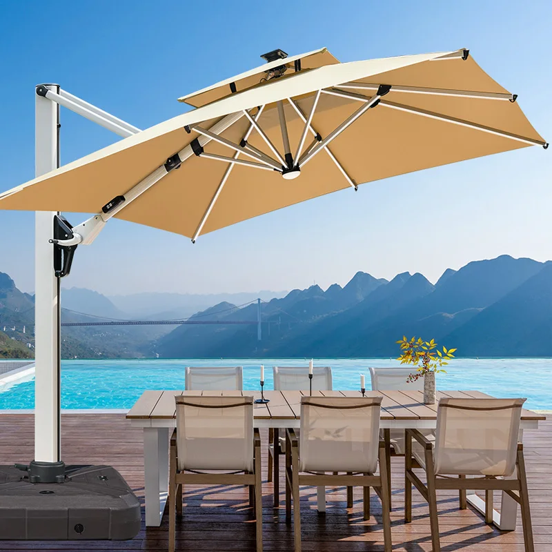 [280 Grams Canopy Polyester]Garage/Shed Modern Foldable Waterproof Aluminum Pole Outdoor Parasol Light Bead/Stripe Big Size