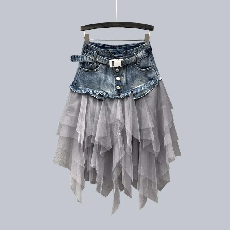 Y2k High Quality Women Denim Mesh Patchwork Lace Skirt High Waist A Line Asymmetric Frill Tulle Gothic Chic Skirts Faldas Mujer