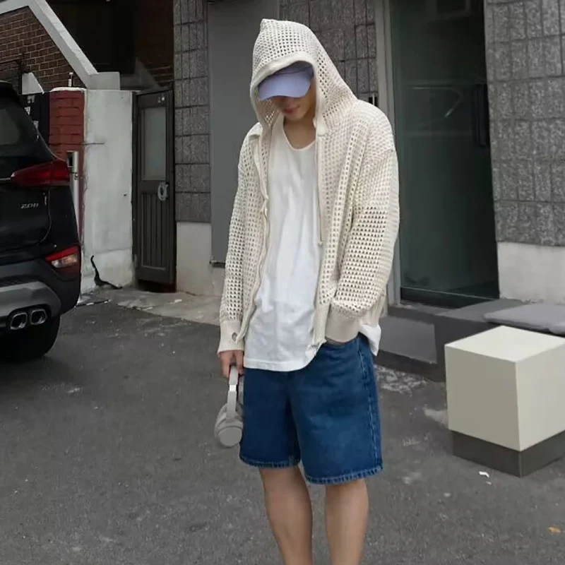 남성 캐주얼 할로우 코트 통기성 카디건 스웨터 여름 경량 후드 니트 탑 한국 트렌디 스트리트웨어 의류