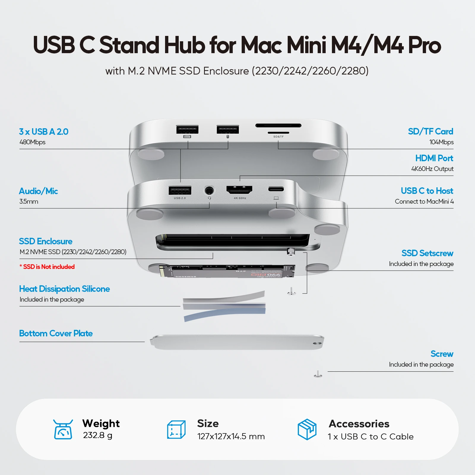 PULWTOP Mac Mini M4 Hub Stand with M.2 SSD Enclosure, with HDMI 4K 60Hz,  USB C Hub Accesorios for Mac Mini 2024 M4 Pro