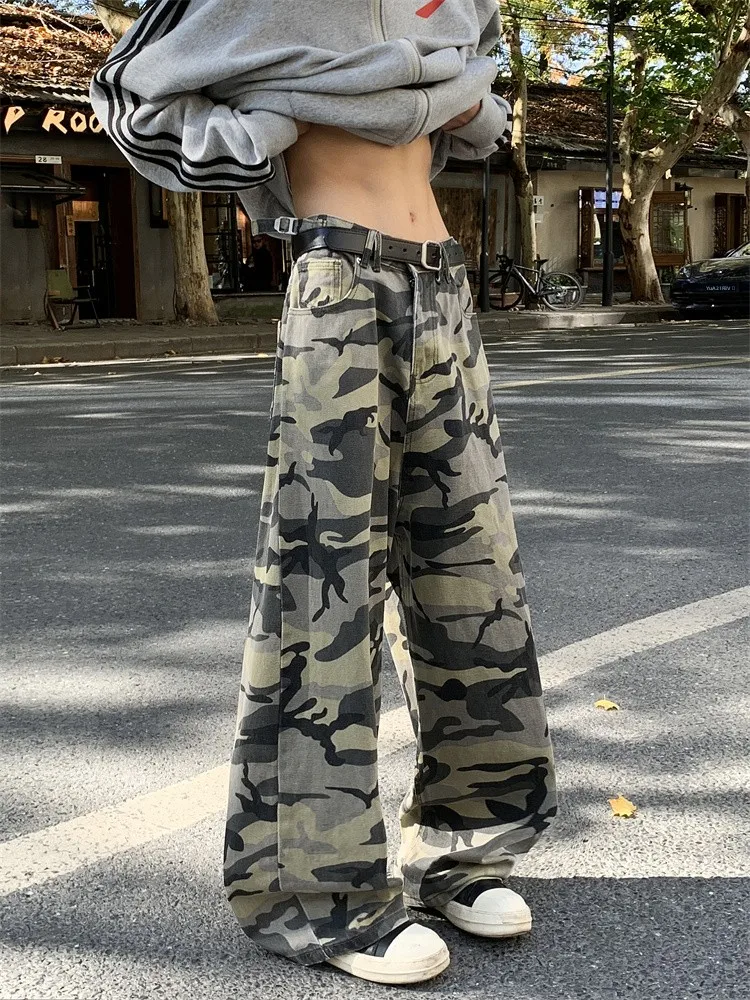 

Street Style Men's Loose Fit Camouflage Denim Jeans Hip Hop High Waist Wide Leg Floor Length Trousers Casual Long Pants