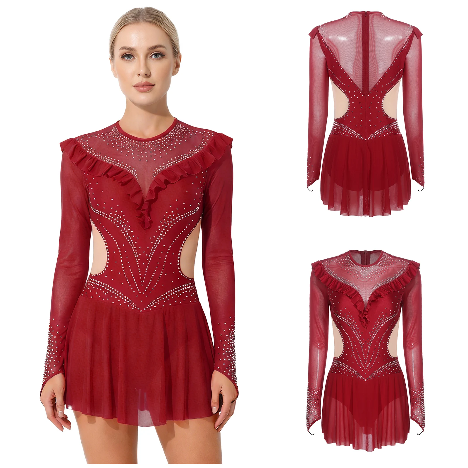 Women Figure Skating Dress Ballet Gymnastics Acrobatics Lyrical Latin Dance Costume Long Sleeve Rhinestone Mesh Leotard Tutu