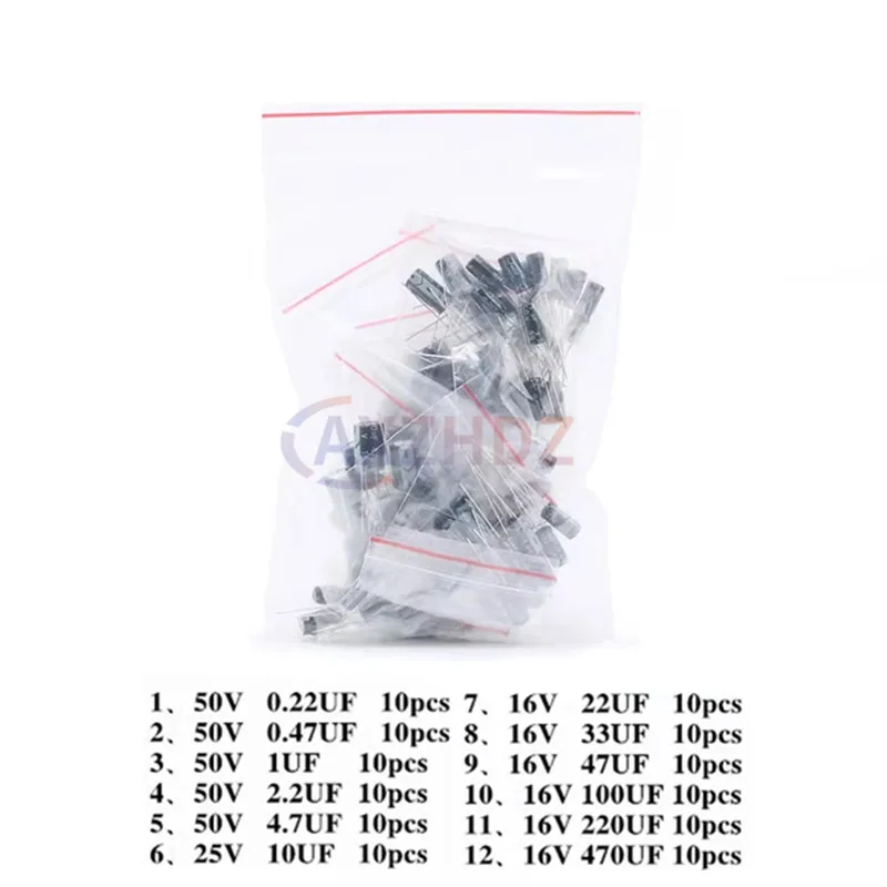 120/200/500Pcs Aluminum Electrolytic Capacitor Assorted Kit Box 16V 25V 50V 0.1uF - 1000uF 1uF 4.7uF 10uF 47uF 220uF 330uF 470uF
