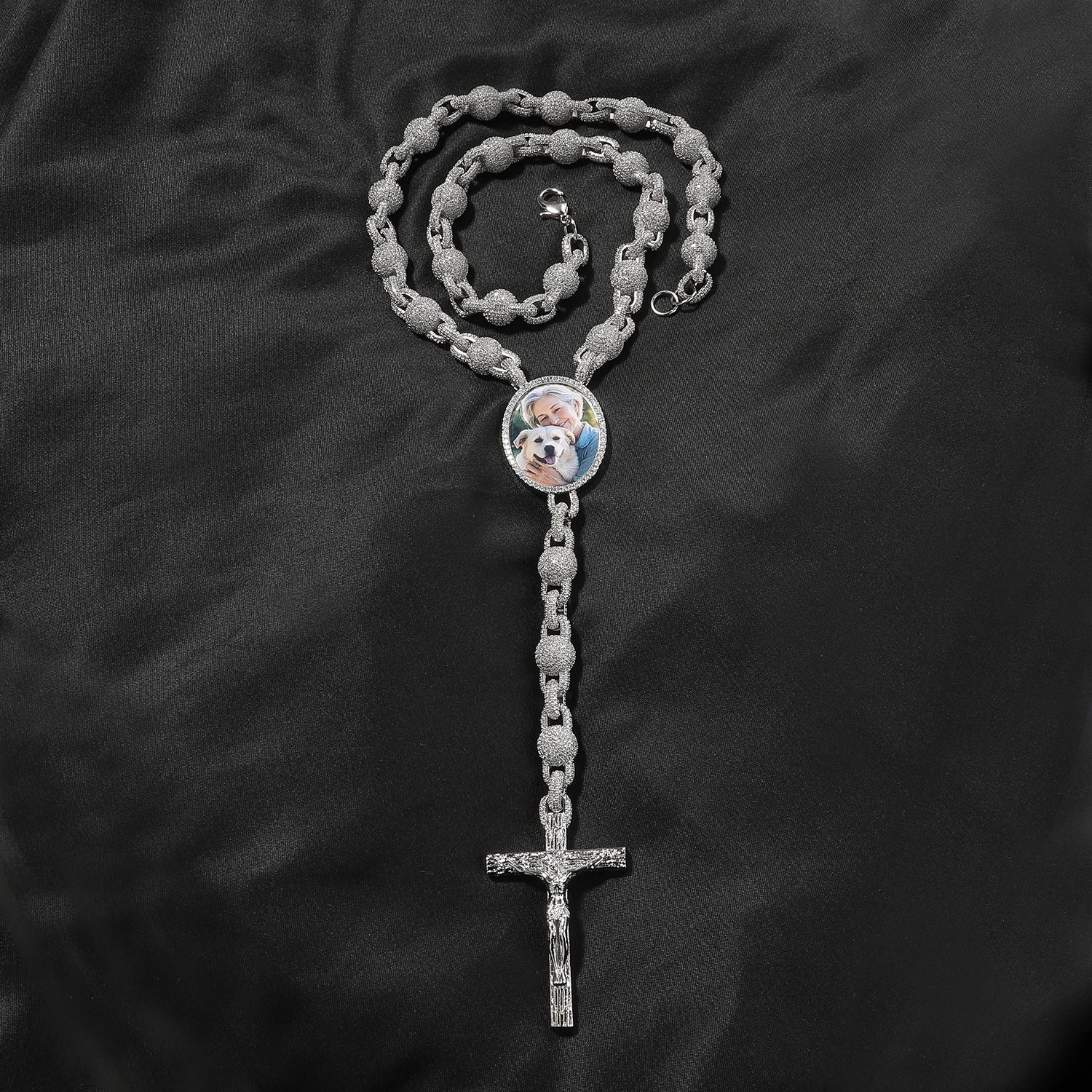 

TBTK 10mm Icy Bead Chain Custom Oval Shape Photo Necklace Drip Jesus Cross Pendant Engraved Name Memory Gift HipHop Jewelry