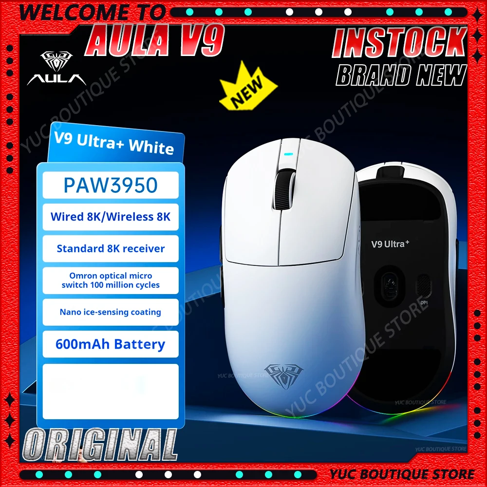 

New Aula V9 Ultra Wireless E-sports Gaming Mouse Double 8k 3mode PAW 3950 8k 55g Lightweight Ergonomic Mouse Custom PC Accessory