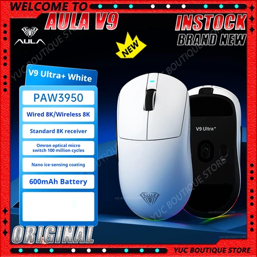 Nuevo ratón para juegos Aula V9 Ultra inalámbrico para deportes electrónicos doble 8k 3 modos PAW 3950 8k 55g ratón ergonómico ligero accesorio personalizado para PC