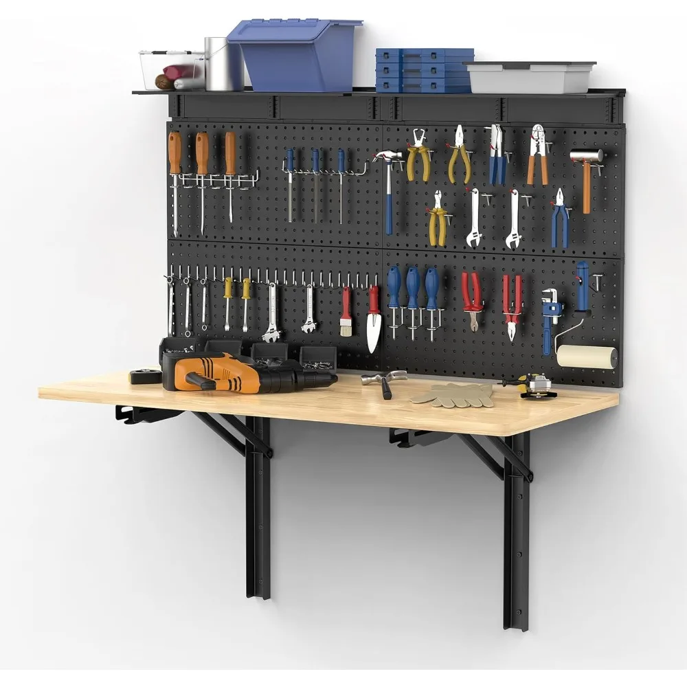 

Wall Mounted Workbench with Pegboard, Folding Down Work Table Metal Pegboard Wall Organizer for Garage, Workshop, 48”X24”