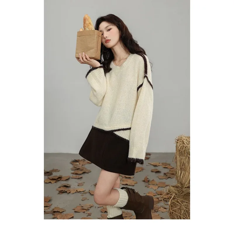 Серый свитер в ленивом стиле 2022, осень и зима, новый стиль, свободный дизайн, свитер нестандартного контрастного цвета, женские модные топы