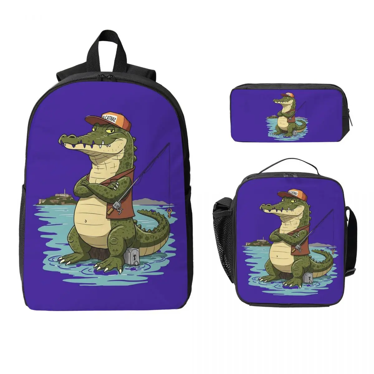 

ALLIGATOR ALCATRAZ DESIGN Backpack Boys Girls BookBag School Bag Laptop Shoulder Bags 3ps Insulated Lunch Bag Pencil Case