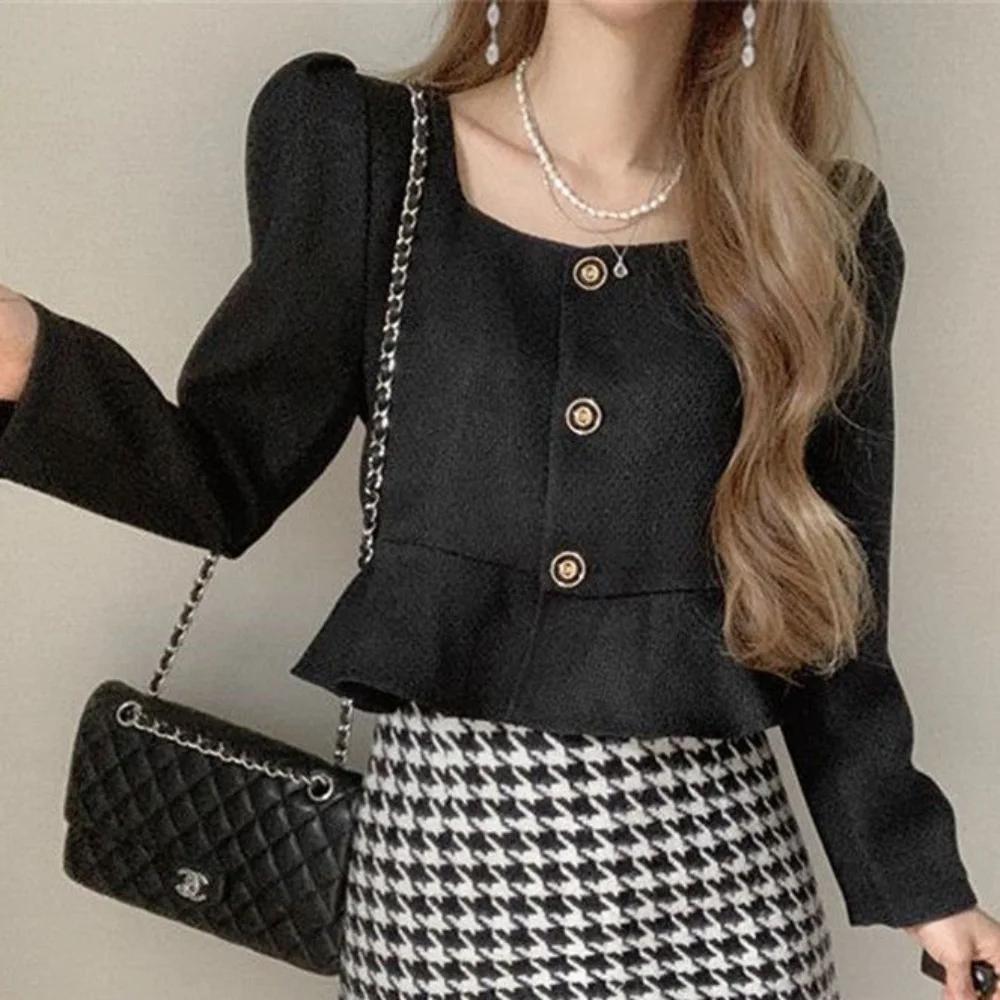 Jackets Women Elegant Vintage Ruffles Chic French Style Office Lady Spring Overcoats Crop Designed Aesthetic Popular Puff Sleeve