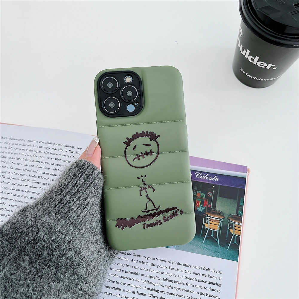 Luxury puffer Down Jacket cactusjack tag Phone Case For iPhone 15 14 13 12 11 Pro Max XS XR 7 8 Plus Cute Graffiti Silicon Cover