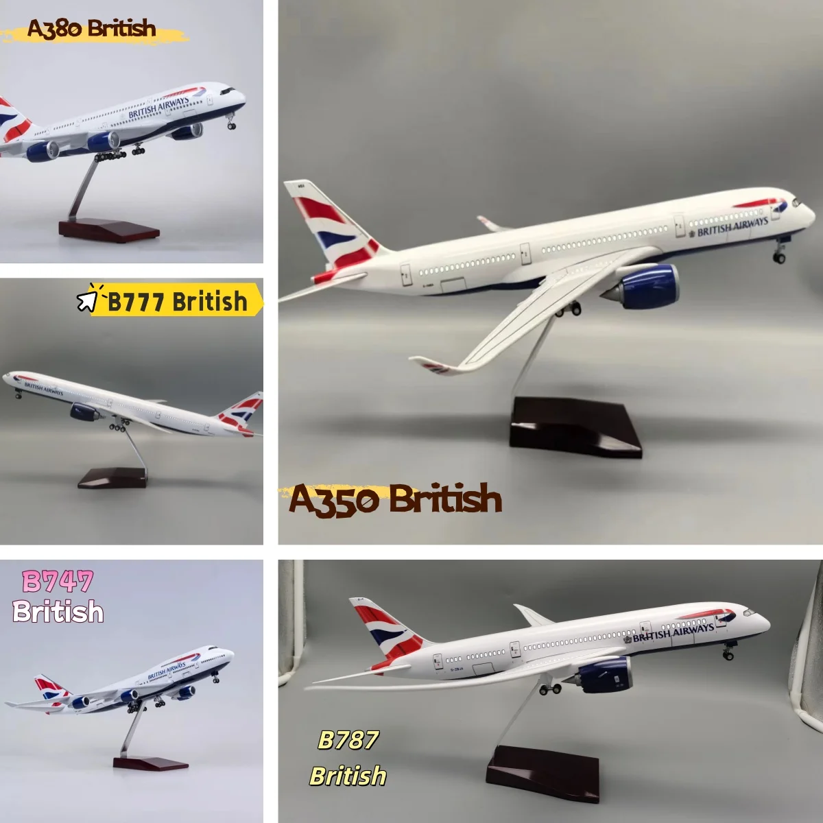 طائرة أطفال اللعب مقياس 47 سنتيمتر الخطوط الجوية البريطانية A380/A350/B777/B747/B787 طائرة دييكاست نموذج طائرة مع مصباح ليد هواية النموذج