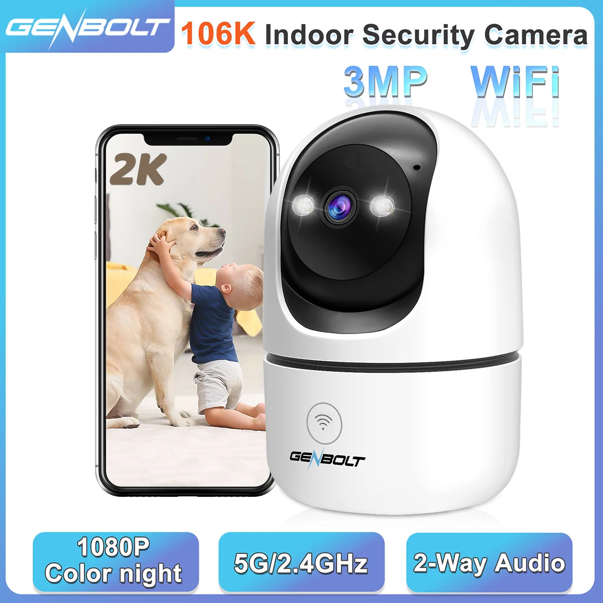 

GENBOLT WiFi Home Security Camera 3MP Smart Video Baby Monitor Auto Tracking 1080P Color Night Surveillance Camera for Chirstmas