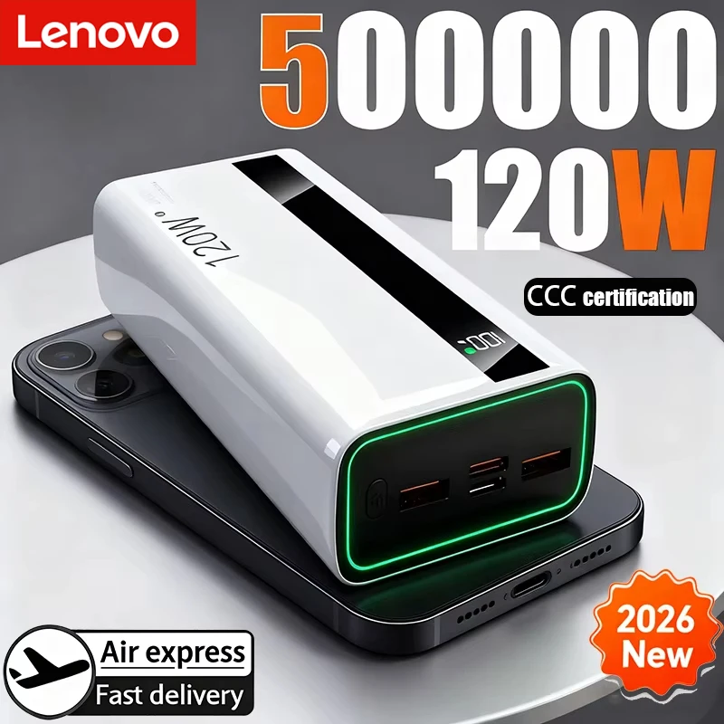 Lenovo 500000mAh 120W Fast Charging High Capacity Power Bank External Battery Portable Battery Charger For iPhone Samsung