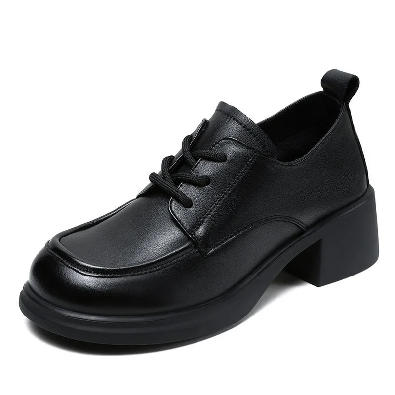 DRKANOL 5cm High Heel Shoes Women Pumps Handmade Retro Genuine Cow Leather Thick Heel Round Toe Lace-Up Commuting Shoes Footwear