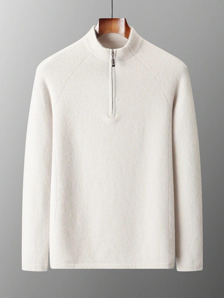 Men 100% Cashmere Pullover Sweater Autumn Winter Half Zip Mock Neck Long Sleeve Solid Soft Warm Base Layer Knitwear Smart Casual